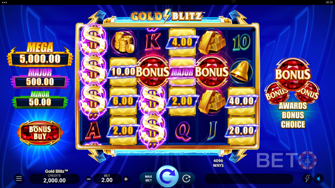 Geldprijzen kunnen worden gewonnen in het basisspel van de Gold Blitz gokkast