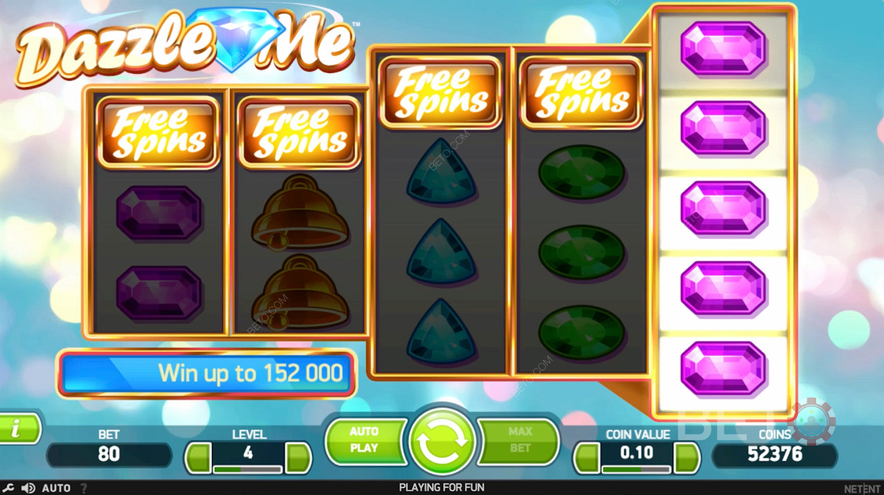 Free Spins worden geactiveerd door meer dan 3 Free Spins symbolen te landen in Dazzle Me Slot