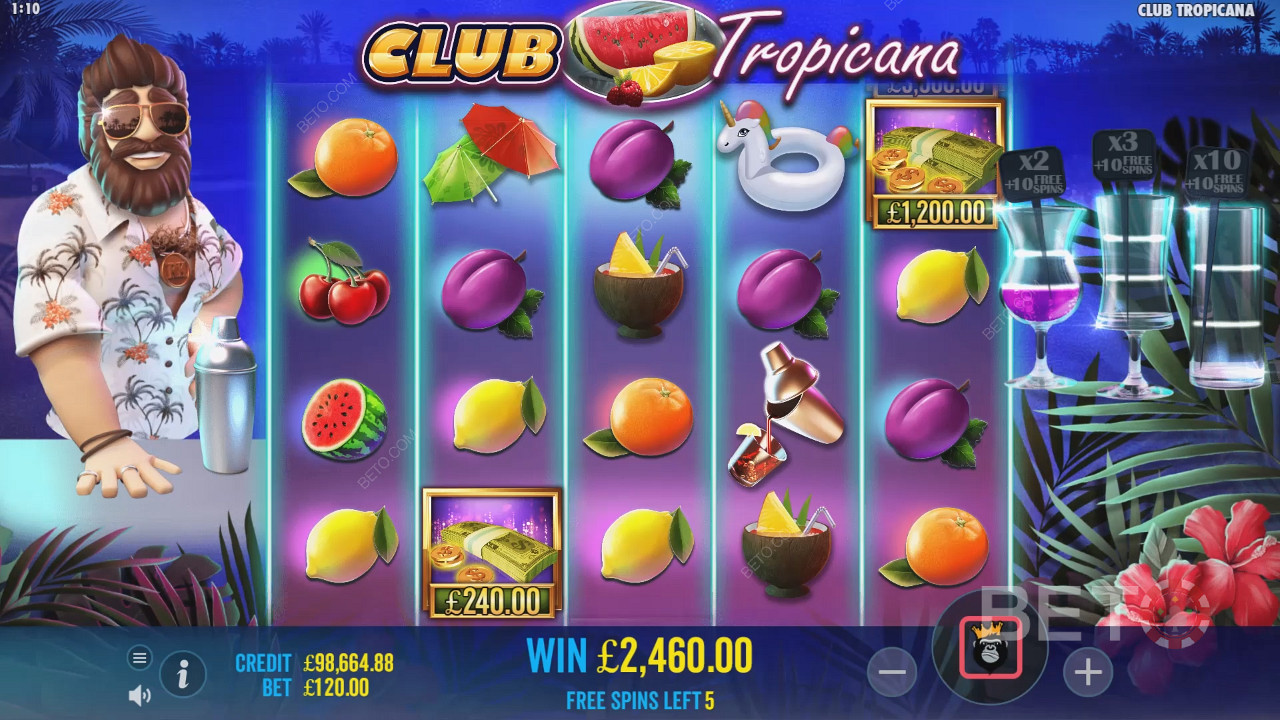 Krijg de kans om de Geld symbolen te verzamelen in de Free Spins in Club Tropicana slot
