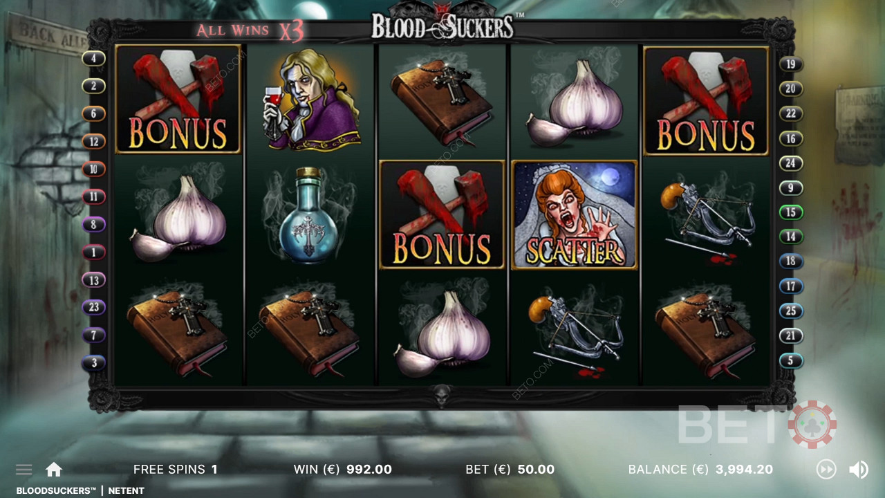 3 bonussymbolen op de juiste posities activeren het bonusspel in de Blood Suckers slot