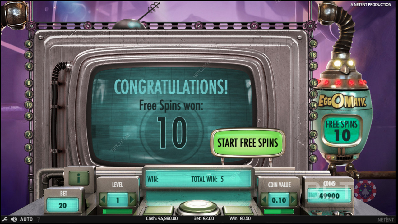10 Free Spins winnen in EggOMatic slot
