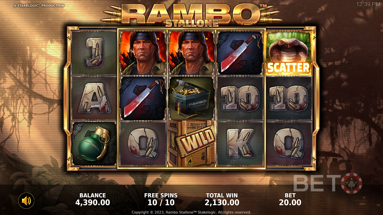 Geniet van geweldige bonusfuncties en een uitzonderlijk thema in de Rambo online slot