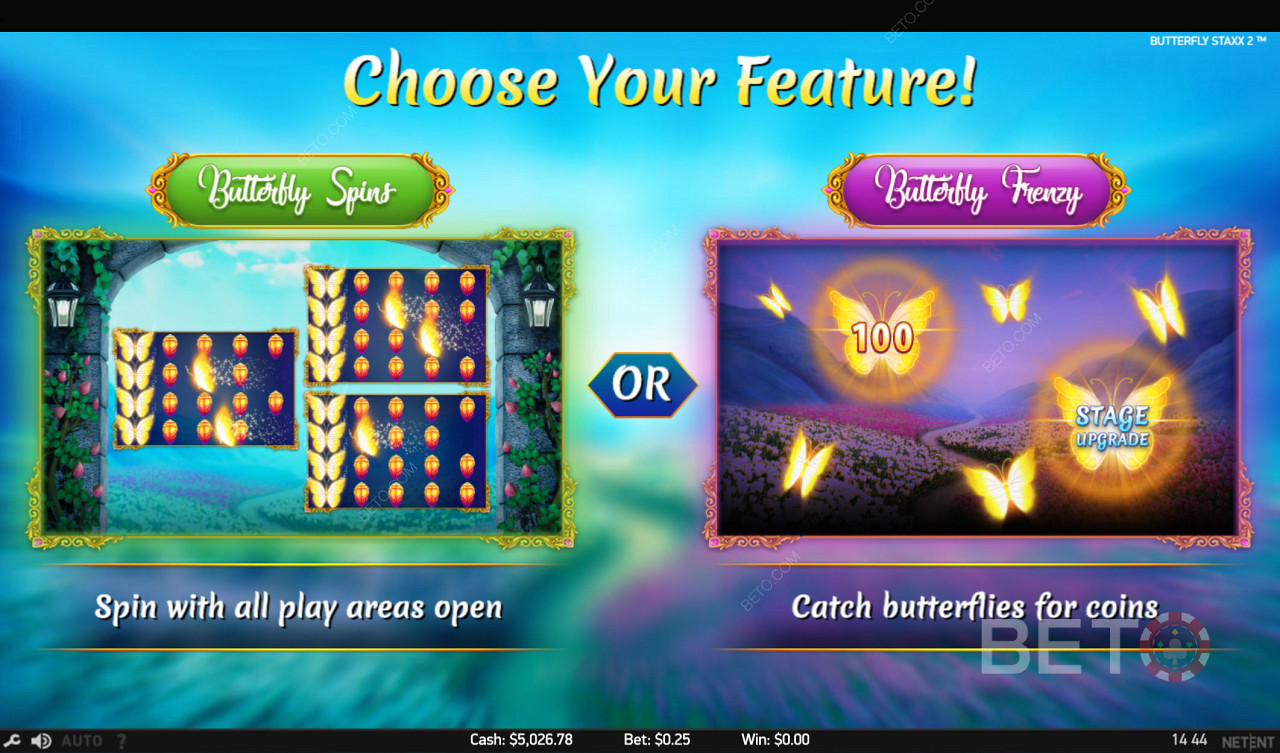 Kies tussen twee geweldige feature games - spin of vangen vlinders modus