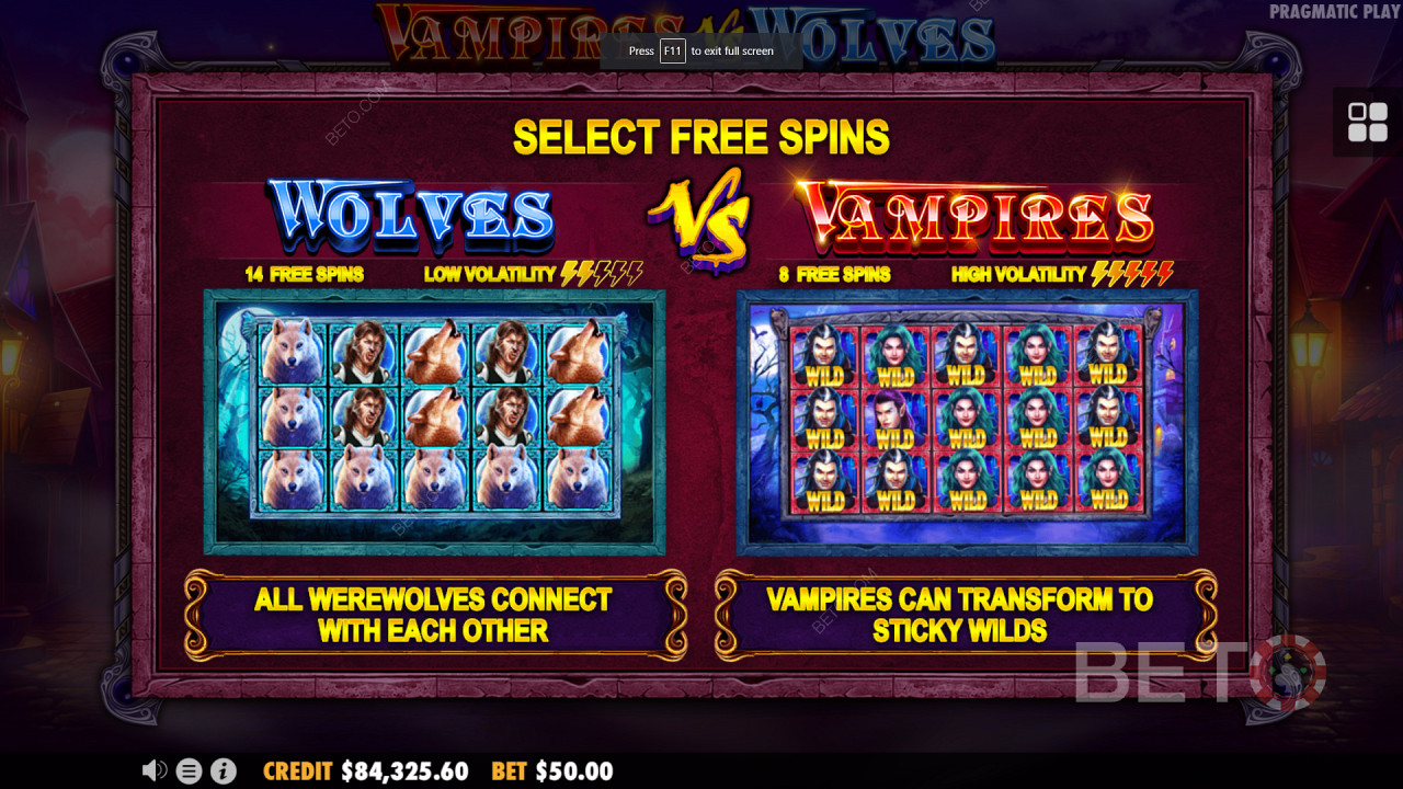 Twee gratis spin bonusrondes in Vampires vs Wolves