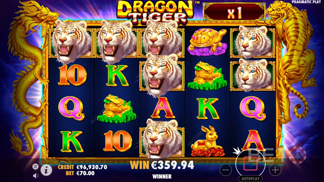 De multipliers komen in actie tijdens de Free Spins bonus in Dragon Tiger online slot