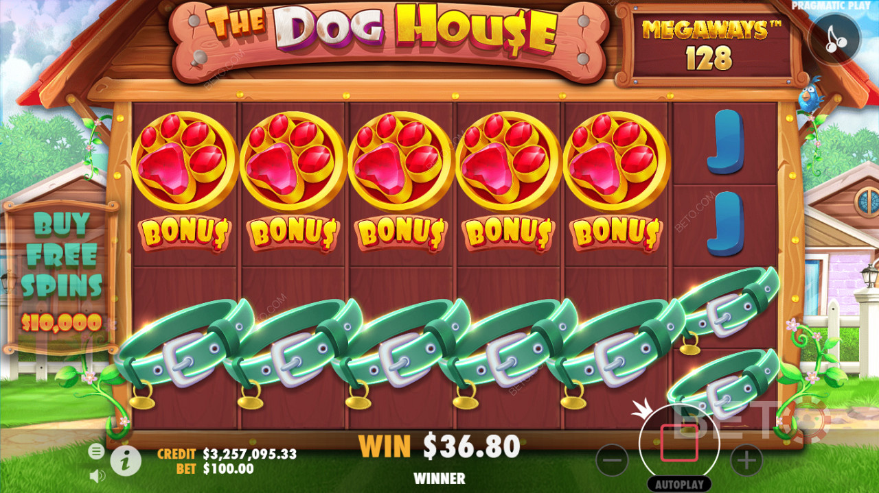 Een gedetailleerde gameplay-interface van The Dog House Megaways casino slots