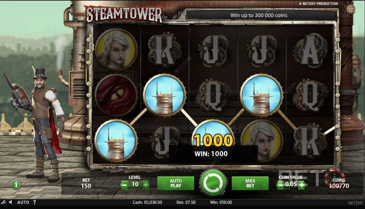 Symbolen matchen in Steam Tower slot game