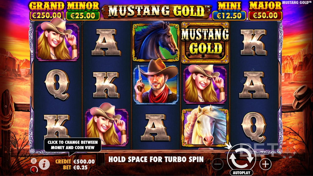 Het Wild-symbool is het logo van de game in Mustang Gold Online Slot.