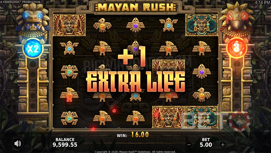 Mayan Rush bonus features omvatten Free Spins, een vermenigvuldiger en een gamble feature