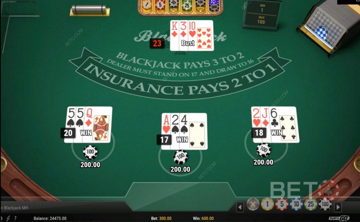 Drie handen spelen in Europees Blackjack multi-Hand kaartspel