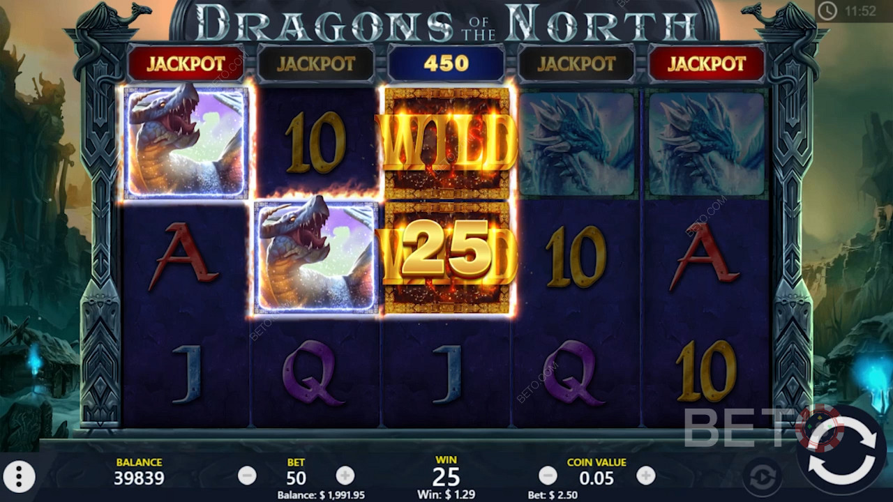 Wild symbolen helpen je meer winst te maken in Dragons of the North online slot