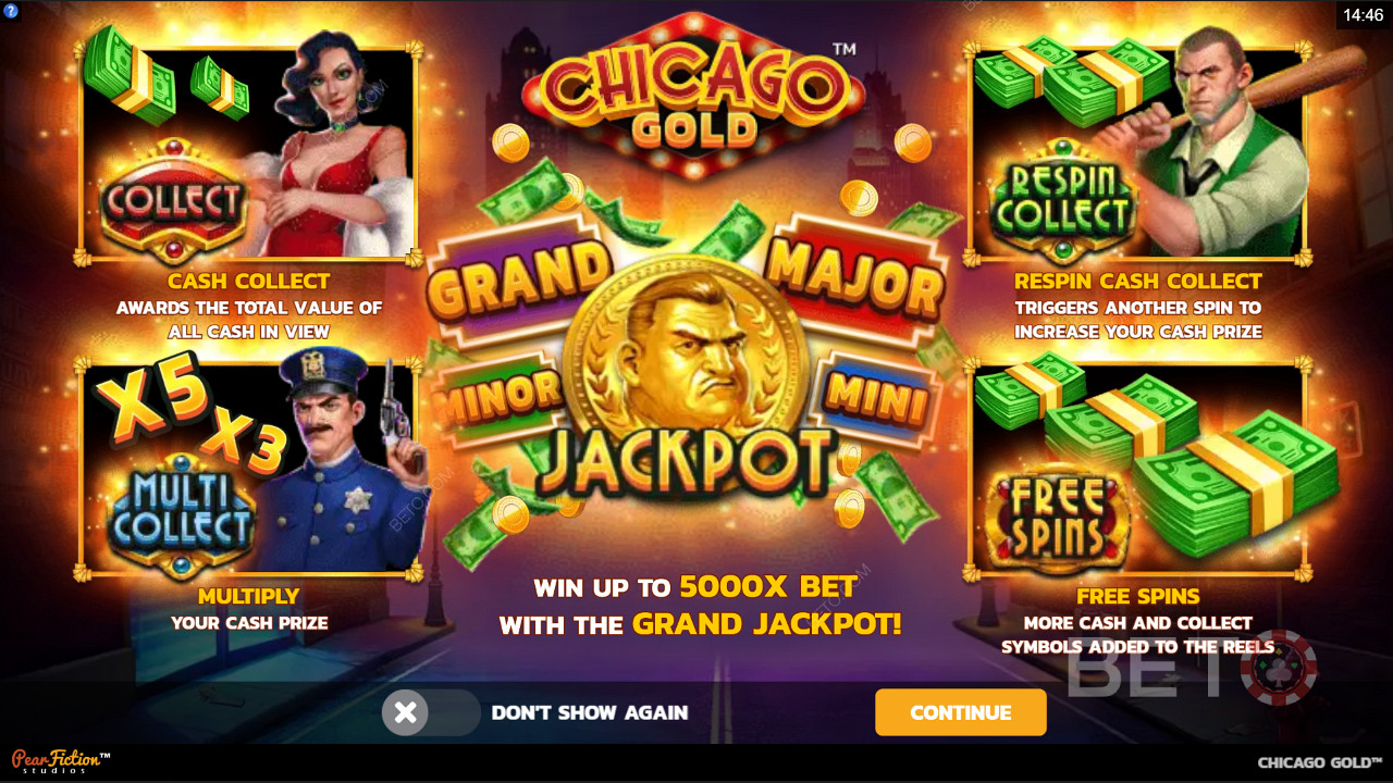 Geniet van Collect functies, Jackpots en Free Spins in de Chicago Gold gokkast.