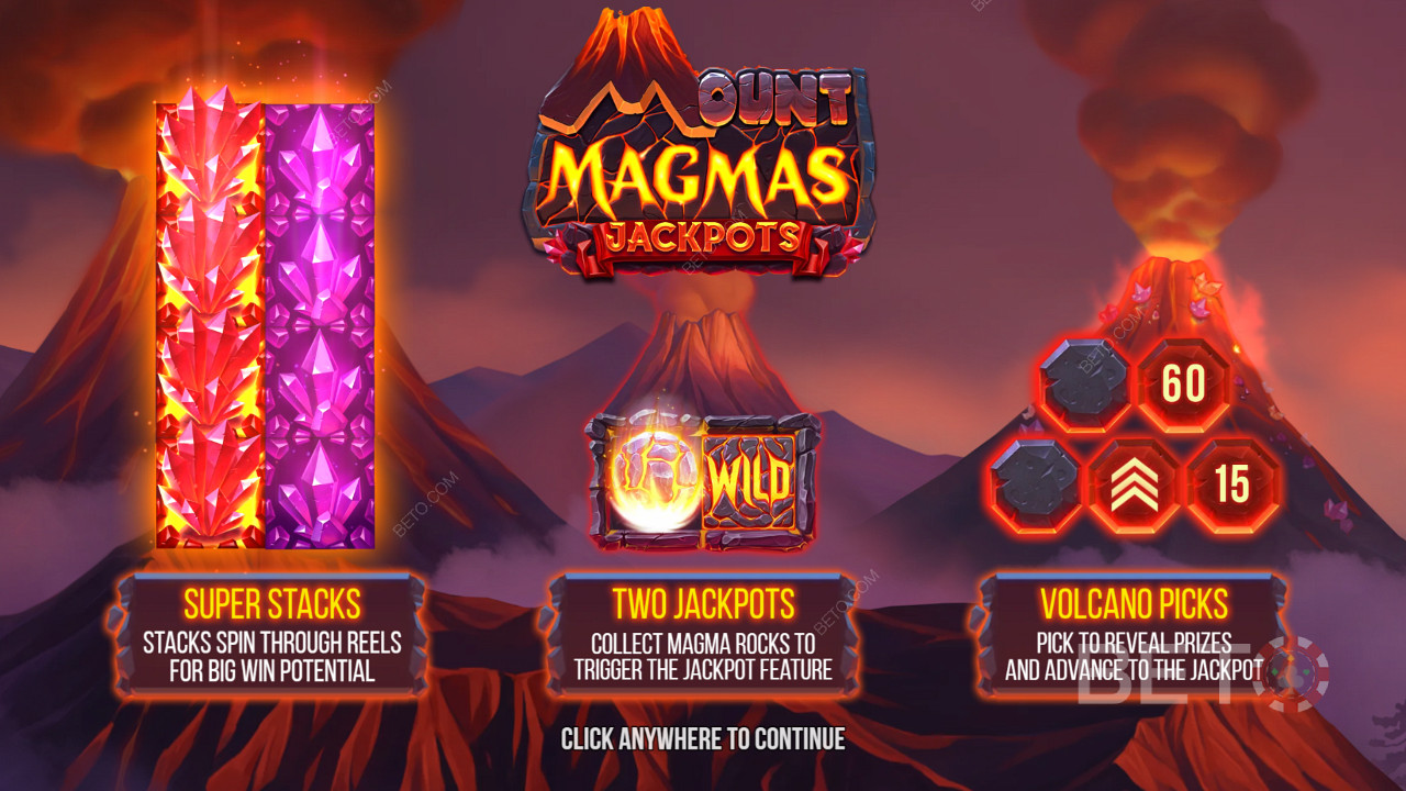 Geniet van Super Stacks, 2 jackpots, en Volcano Bonus feature in Mount Magmas slot