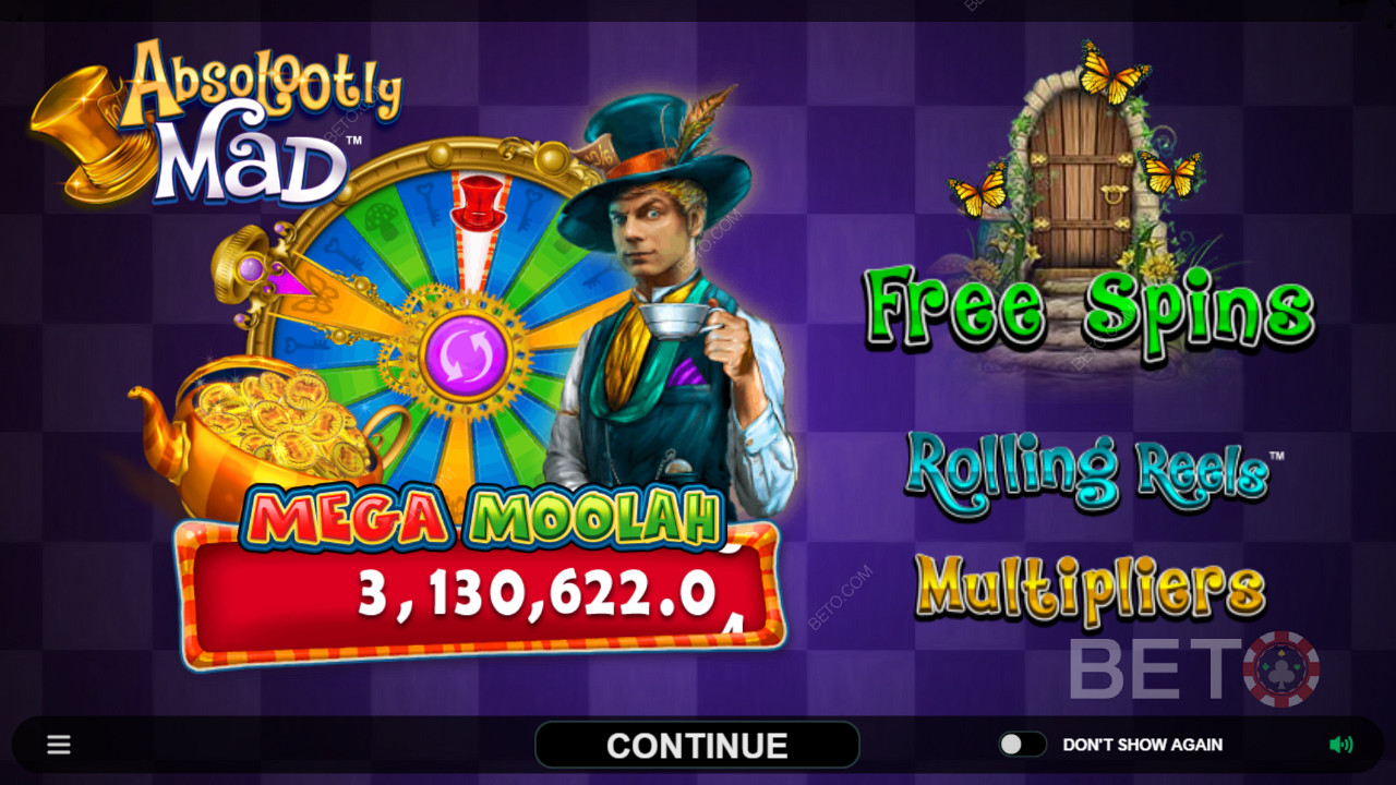 Geniet van progressieve jackpots en andere functies in Absolootly Mad: Mega Moolah video slot
