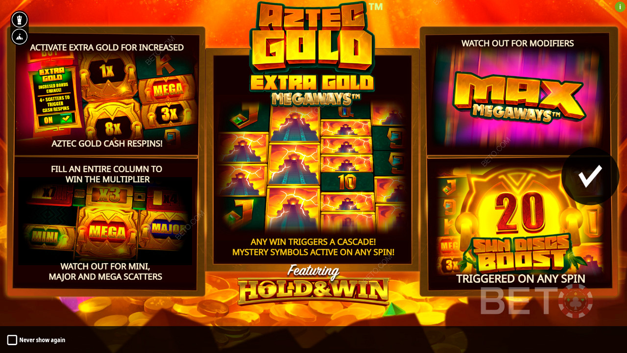 Geniet van meerdere bonusfeatures in Aztec Gold Extra Gold Megaways slot