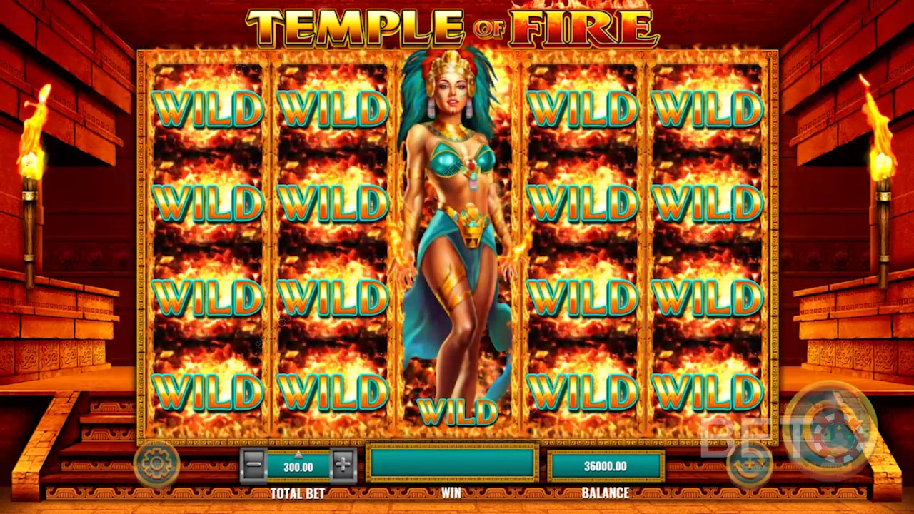 Een storm van Wilds activeert Free Spins met de prachtige Azteekse godin - Temple of Fire