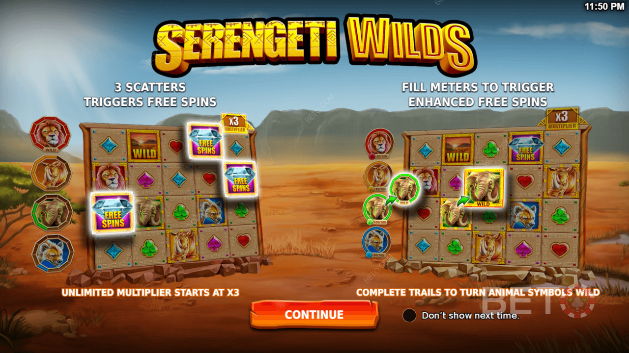 Geniet van krachtige functies zoals Free Spins en Enhanced Free Spins in Serengeti Wilds slot