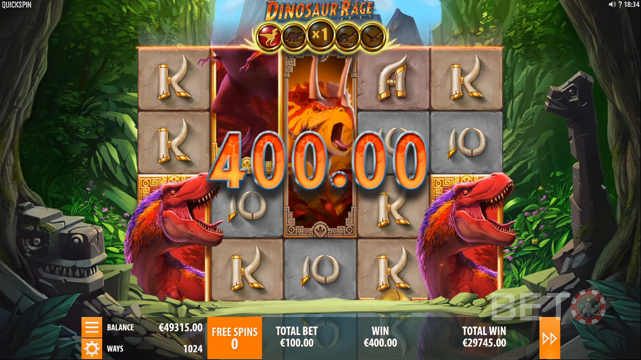Een winst ter waarde van 400 munten in Dinosaur Rage Slot Machine