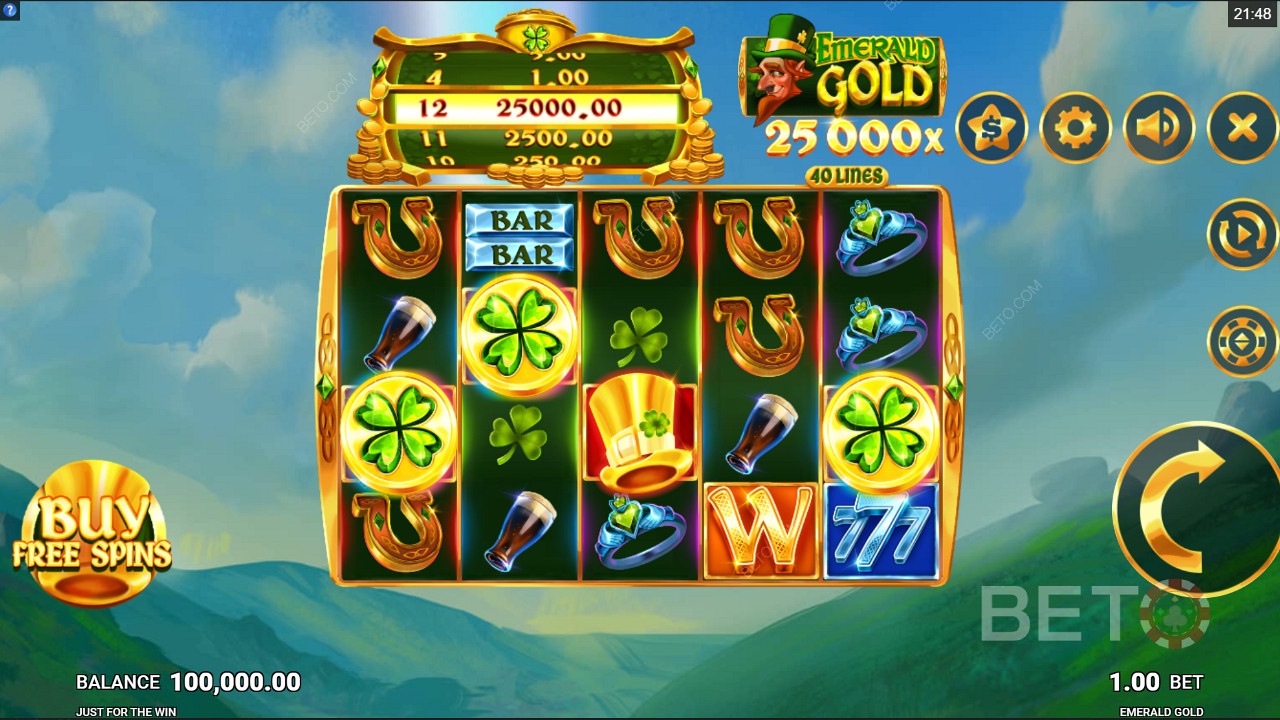 Koop gratis spins in Emerald Gold online slot van Just For The Win
