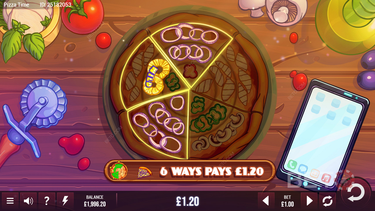 Verschillende betaallijnen van Pizza Time in een cirkelvormig formaat