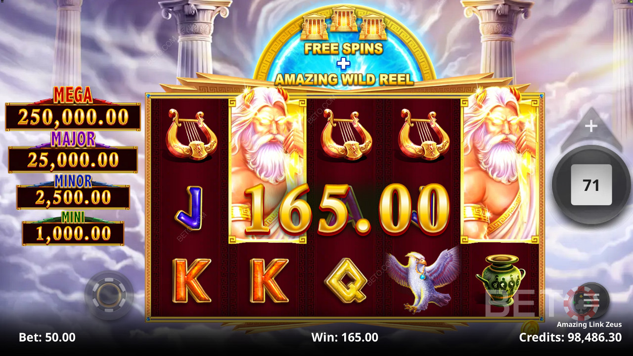 Speel en maak kans op één van de 4 vaste Jackpot prijzen in de Amazing Link Zeus slot