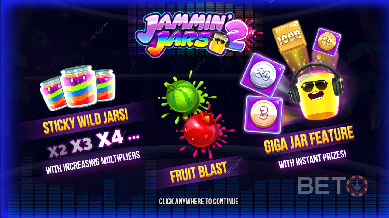 Geniet van kleverige Wilds, Fruit Blast feature, en Giga Jar Spins in Jammin Jars 2 slot