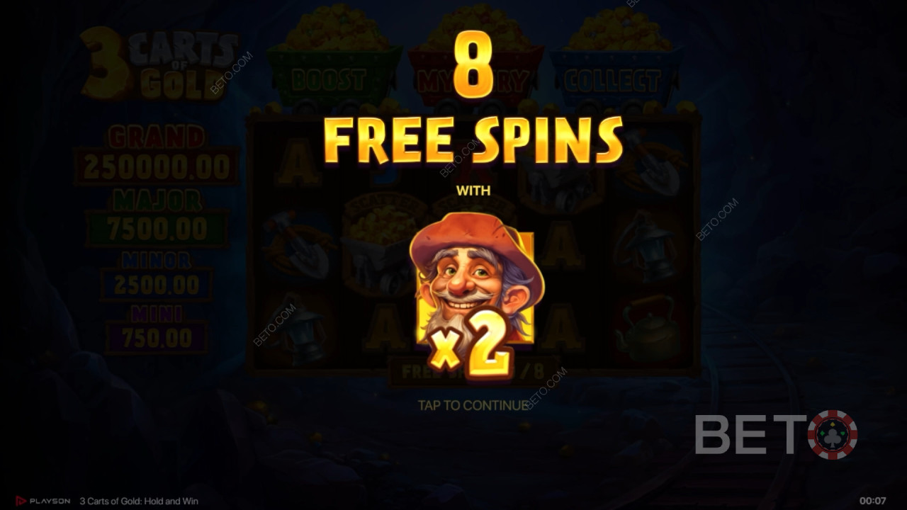 Win 5.000x je inzet in de 3 Carts of Gold: Hold and Win Gokkast!