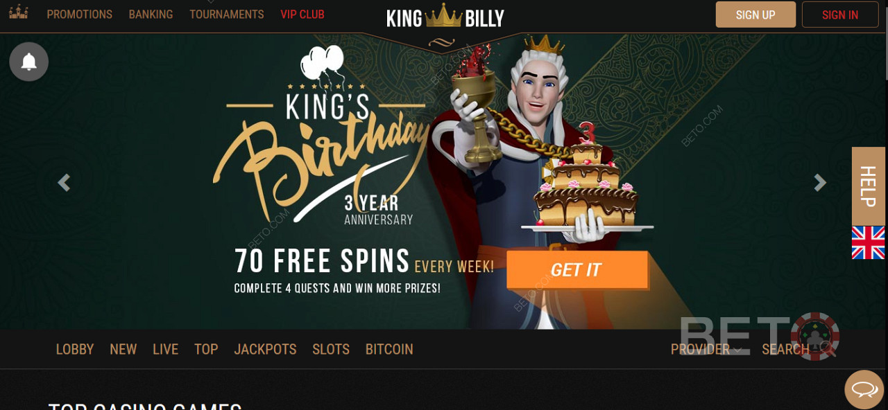 Ontvang speciale bonussen en gratis spins bij King Billy Casino