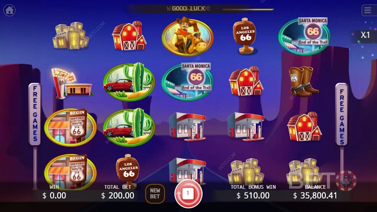Kies uw favoriete online casino en geniet van maximaal 20 gratis spins in het videospel Route 66.
