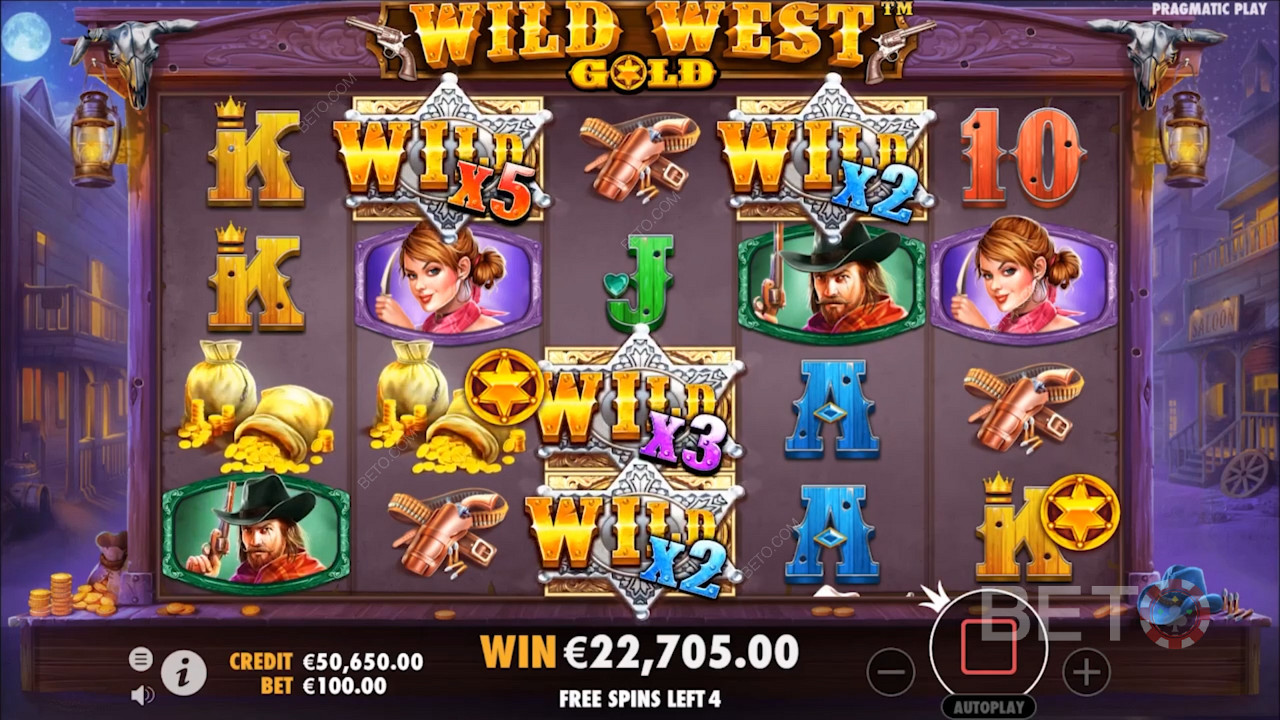 Wild symbolen in Wild West Gold slot komen met Multipliers