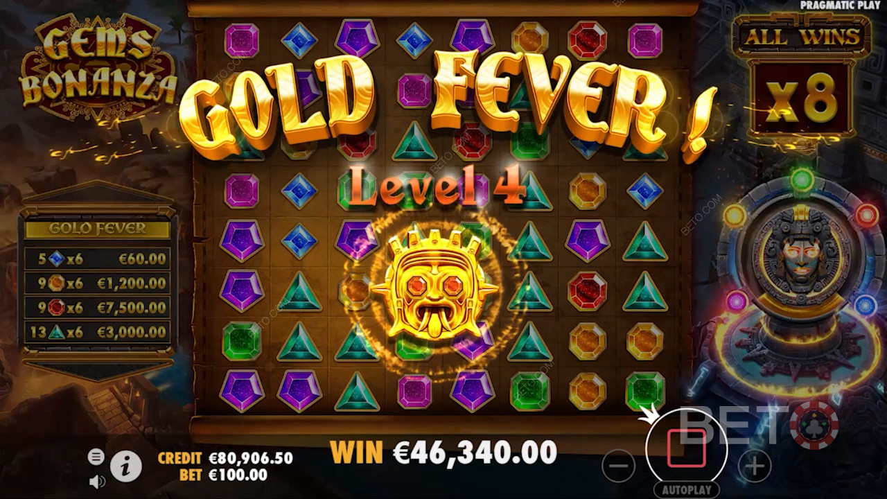 Verzamel minstens 114 winnende symbolen om de Gold Fever Progressive bonus vrij te spelen
