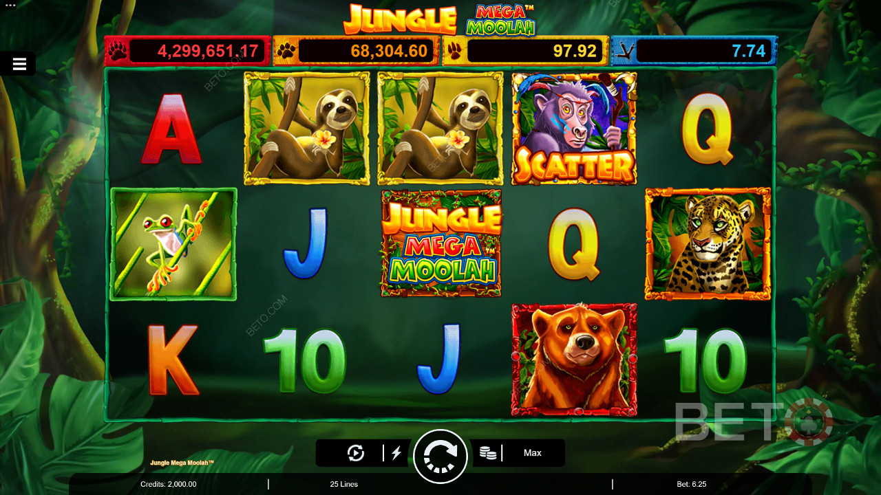 Geniet vanMultiplier Wilds, FreeSpins en vier Progressieve Jackpots in Jungle Mega Moolah slot