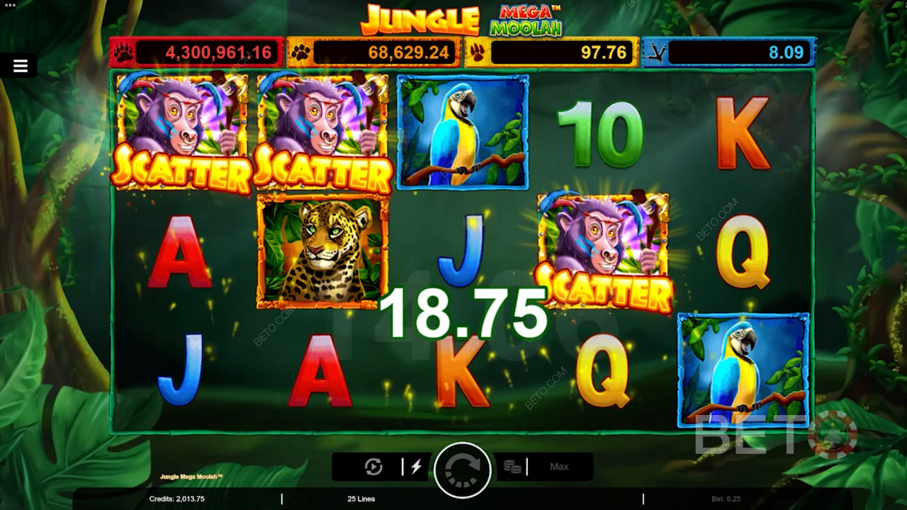 Land3 Monkey Scatter om FreeSpins te activeren in Jungle Mega Moolah online slot game