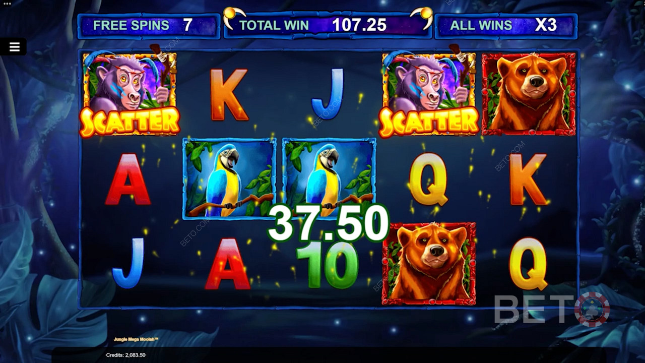 Allewinsten worden verdrievoudigd tijdens de FreeSpins in het videospel Jungle Mega Moolah.