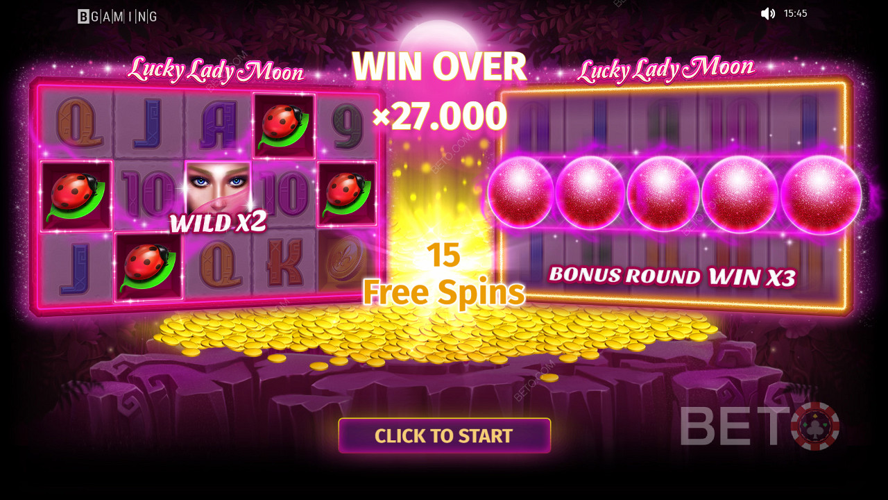 Blijf spelen om prijzen te winnen, ter waarde van maximaal 27.000x de inzet in de Lucky Lady Moon slot