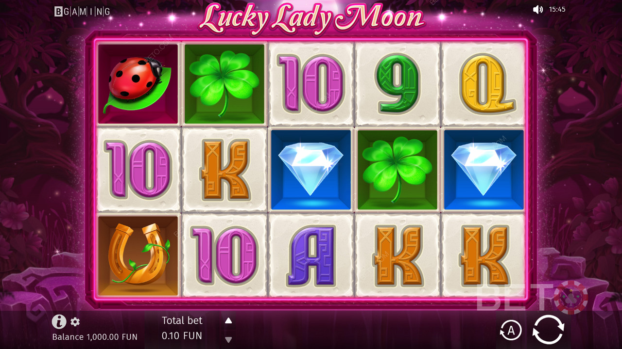 Gebaseerd op een fantasie thema, de Lucky Lady Moon slot gebruikt 10 vaste betaallijnen op een 5x3 rooster