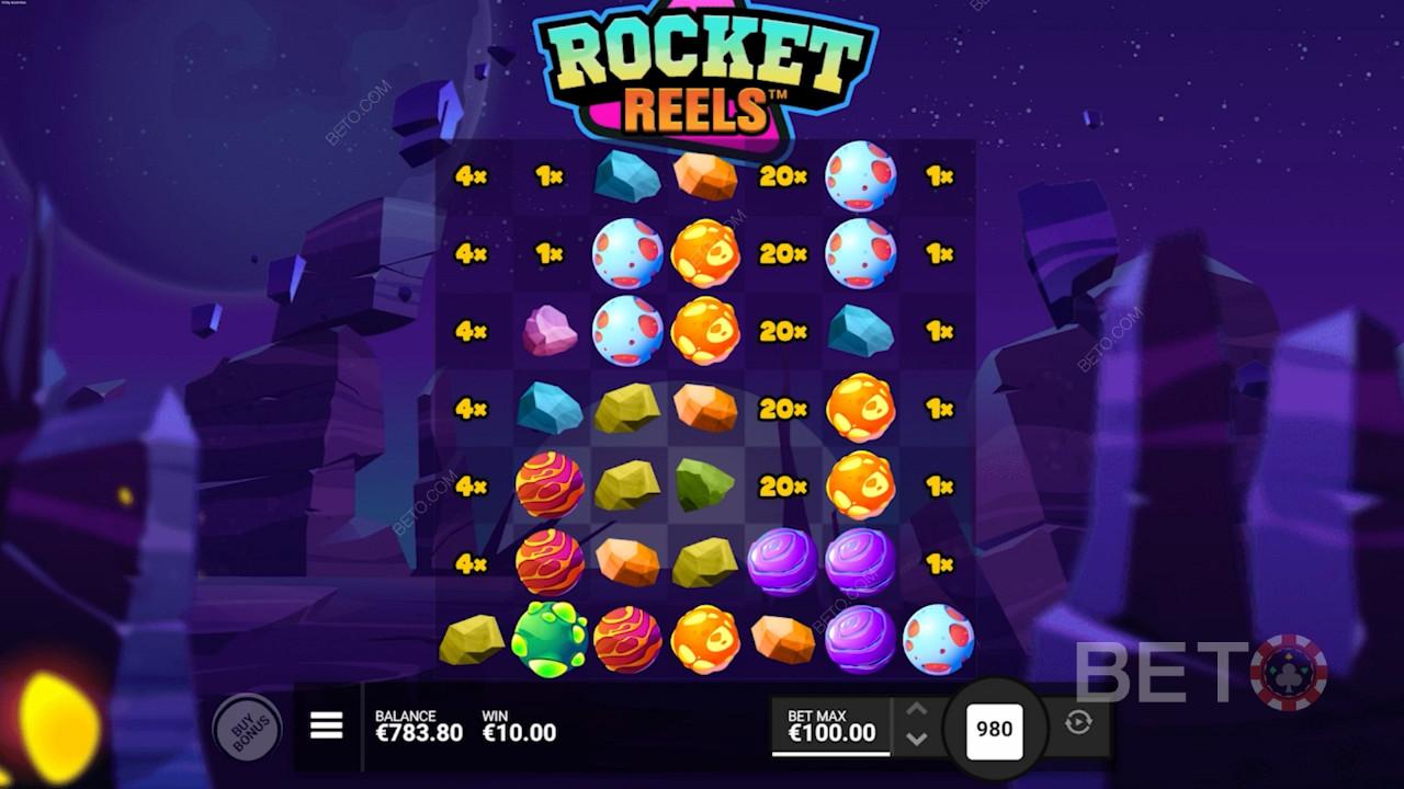 Spring op een raket en win beloningen die tot 10.000x waard zijn in de Rocket Reels slot