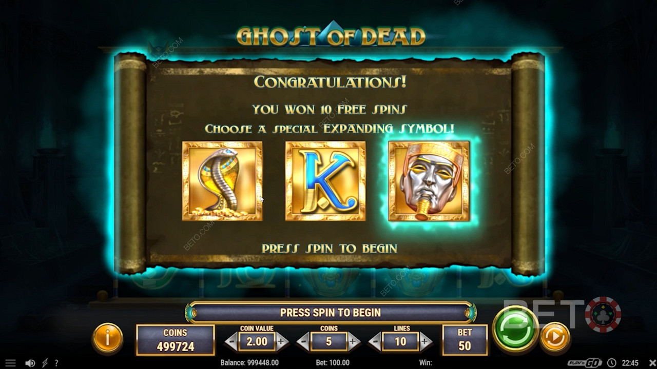 Selecteren van het expanding symbool in de gratis spins ronde van Ghost of Dead