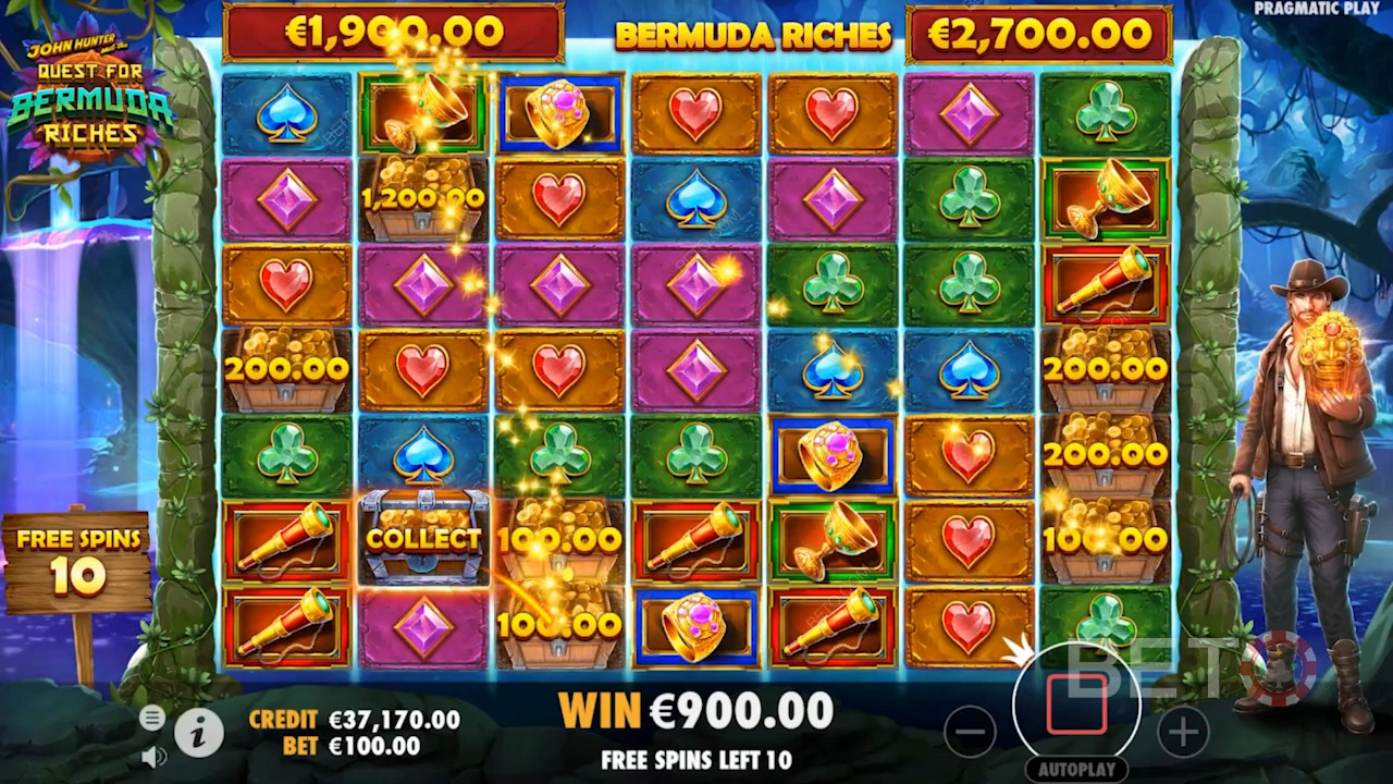 Minstens 3 Scatters leiden tot Free Spins in John Hunter and the Quest for Bermuda Riches
