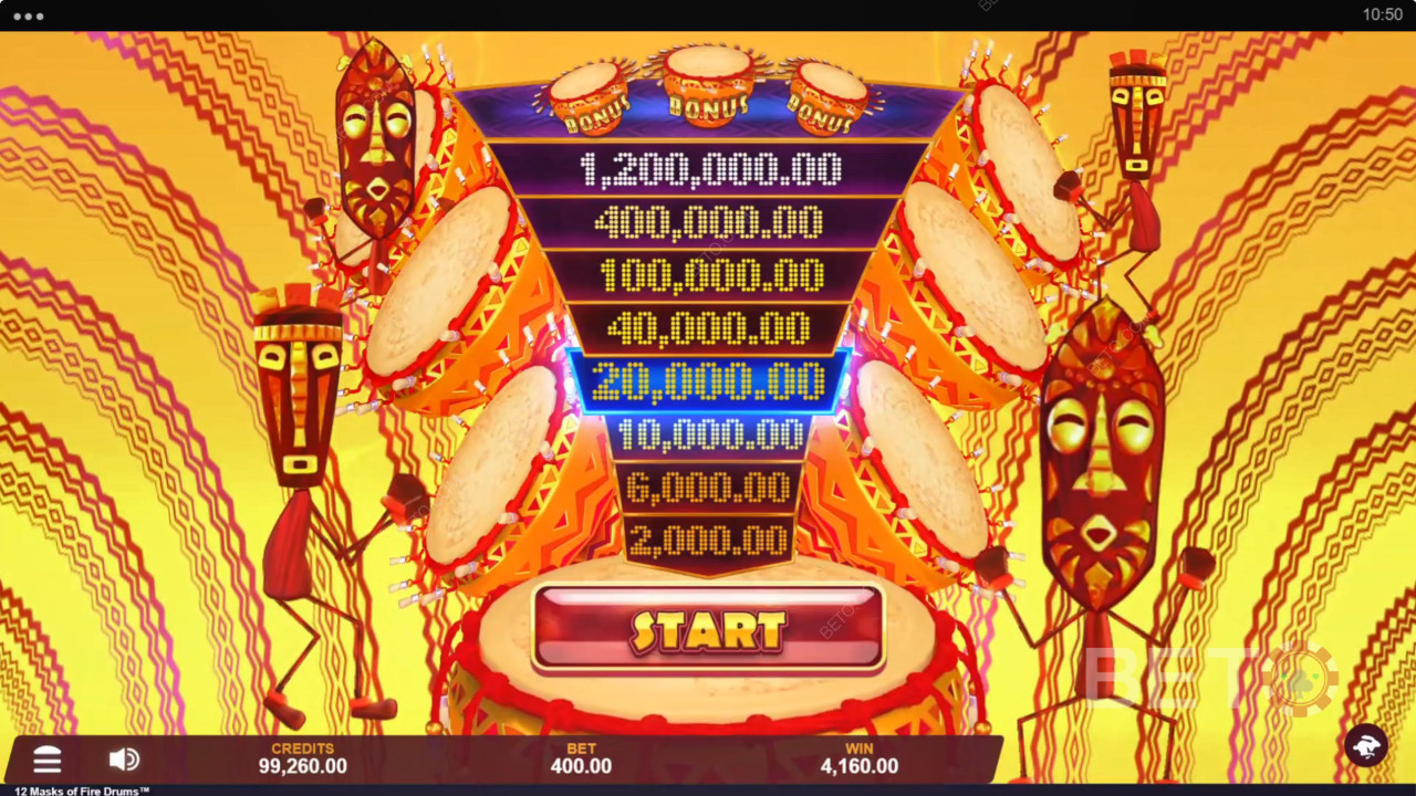 Win 3.125x je inzet in de 12 Masks of Fire Drums gokkast!