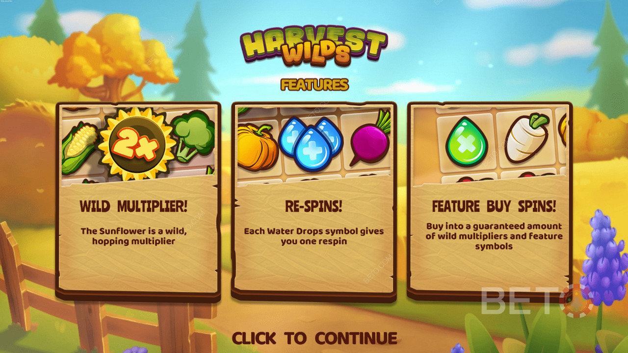Geniet van Wild Multipliers, Respins, en Bonus Buy functie in Harvest Wilds slot