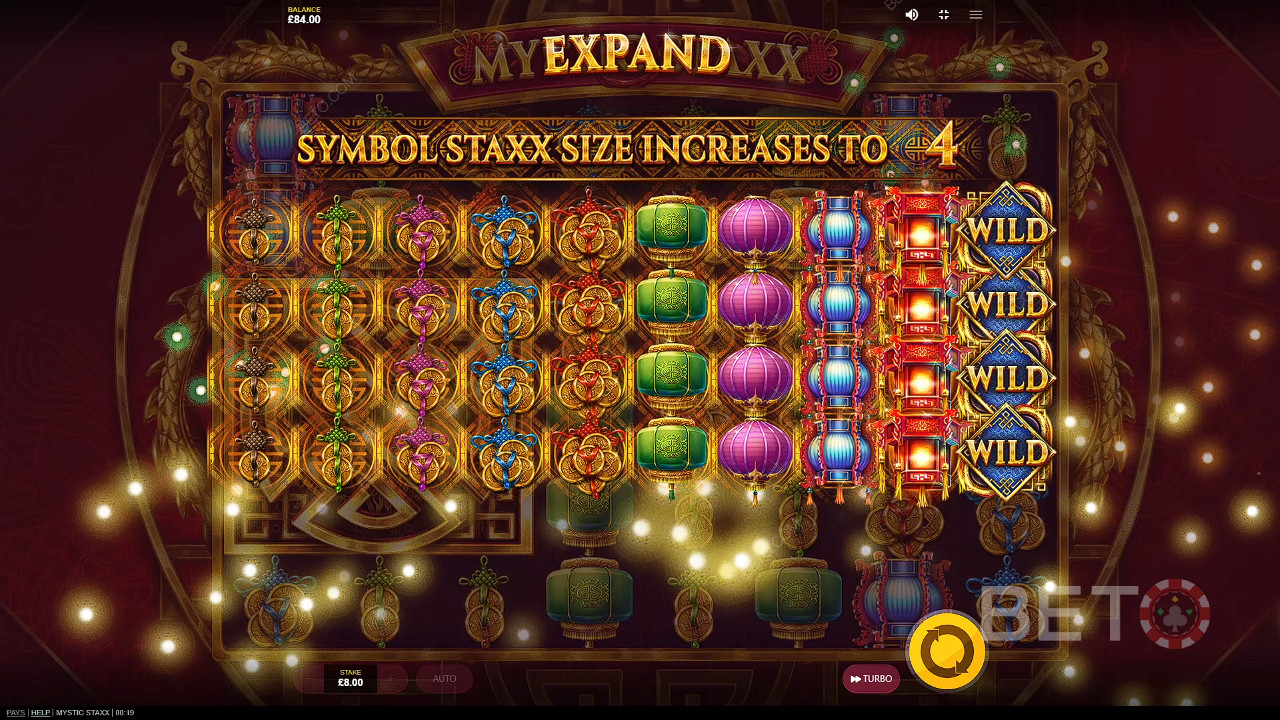 Een enkele draai met uitgebreide symbolen kan je grote winsten opleveren in Mystic Staxx gokkast