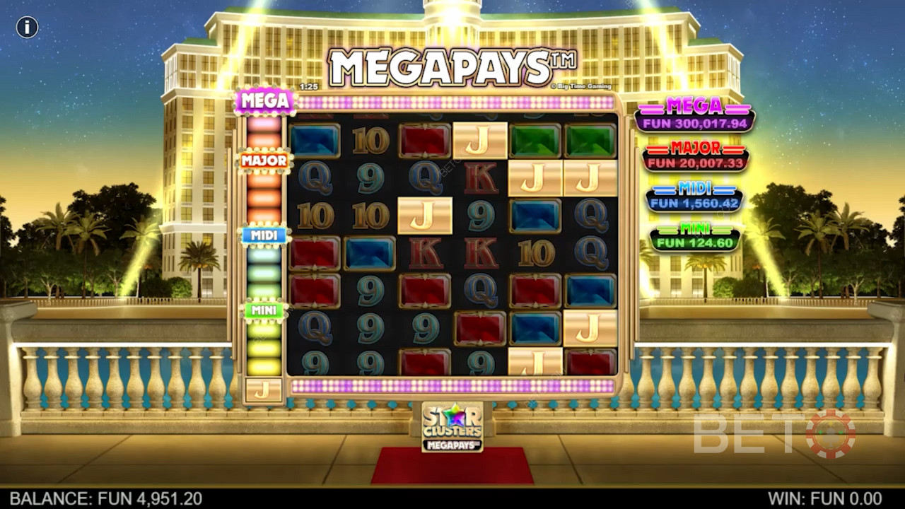 Land ten minste 4 gevallen van het Megapays-symbool om te winnen in de Star Clusters Megapays slot
