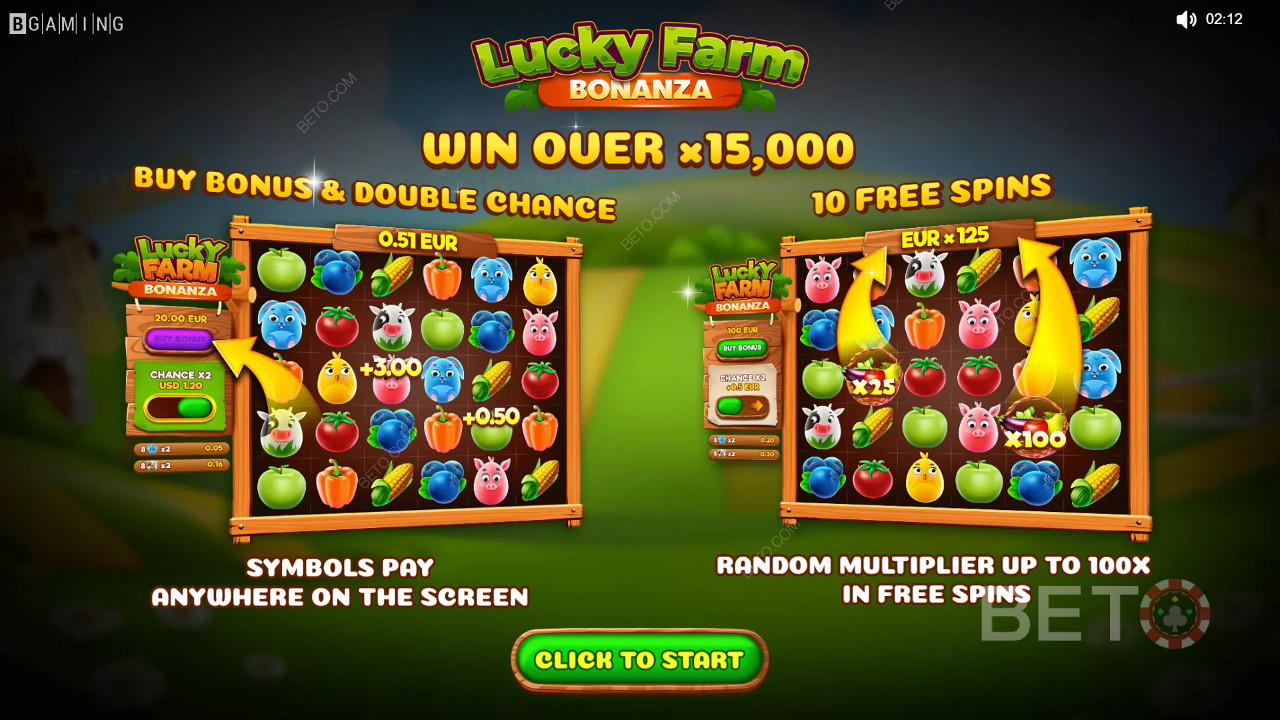 Geniet van multipliers, dubbele kansen en gratis spins in het Lucky Farm Bonanza casinospel