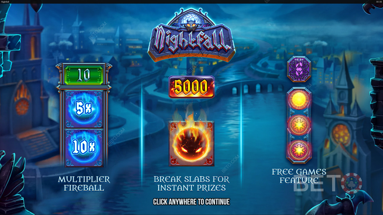 Geniet van ongelofelijke features zoals Multiplier Fireballs en Free Spins in de Nightfall slot