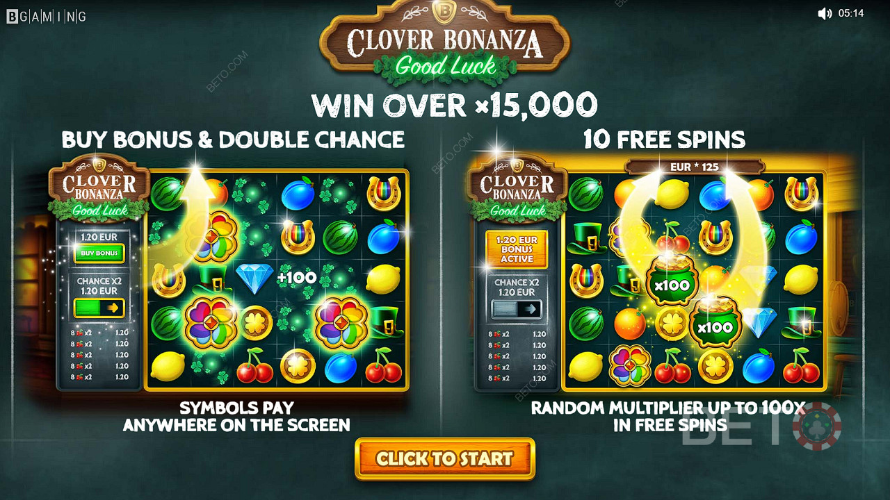Geniet van de Buy Bonus, Double Chance en Free Spins functies in de Clover Bonanza slot