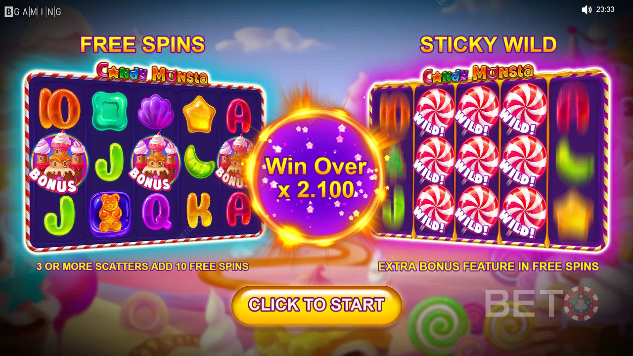 Speel Candy Monsta Slot - nu voor een kans om geldprijzen te winnen ter waarde van 1.000x de totale inzet