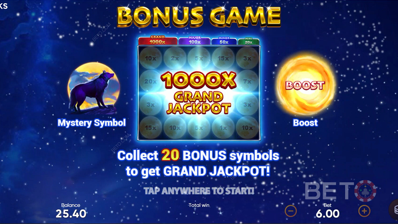 Verzamel 20 bonussymbolen in het bonusspel om de grote jackpot vrij te spelen.