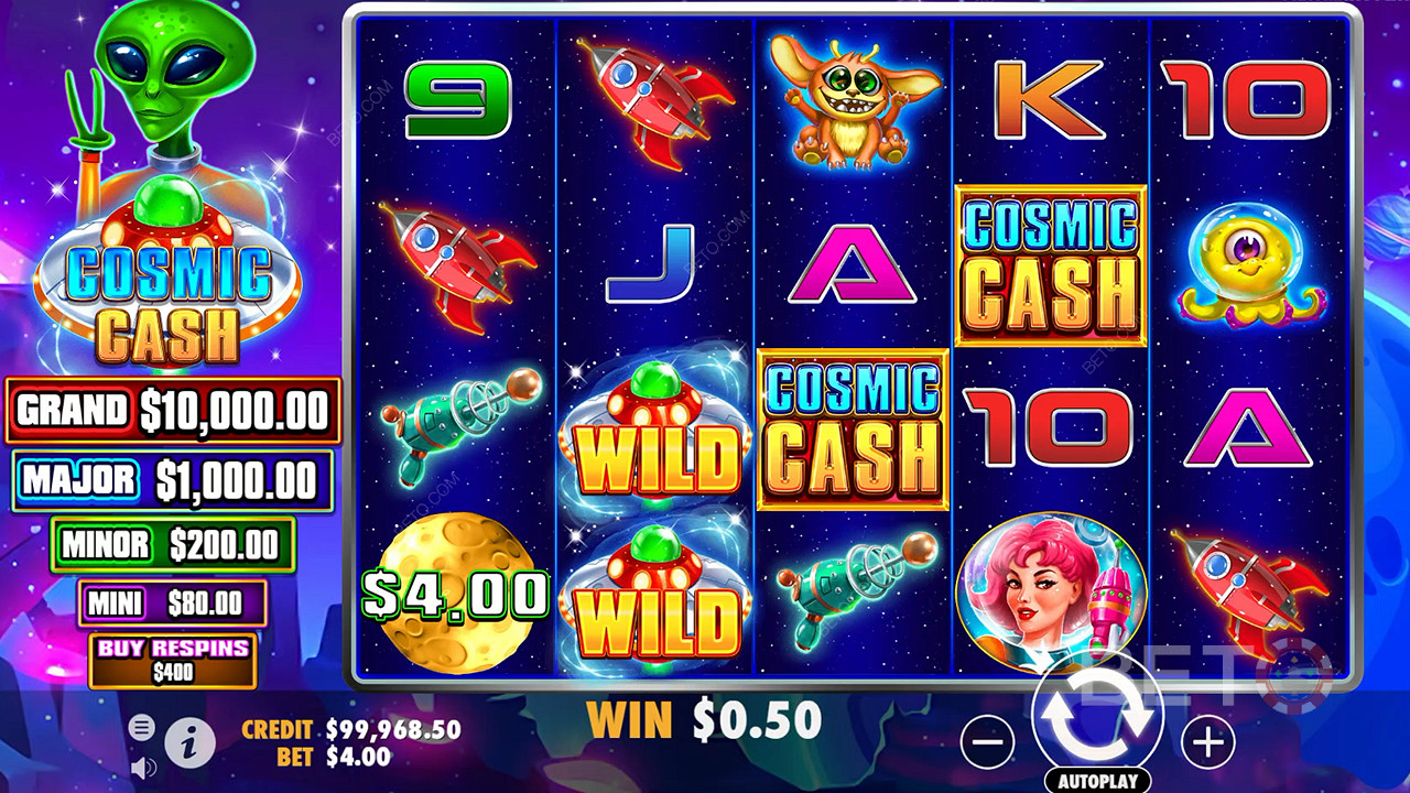 Er zijn tal van Wild symbolen in het basisspel in de Cosmic Cash casino slot