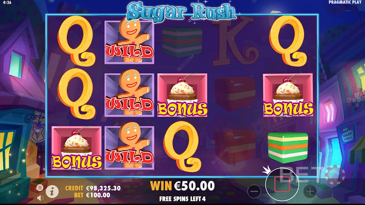 Als je Sugar Rush speelt en 3 of meer Cupcake-symbolen krijgt, wordt het bonusspel geactiveerd.